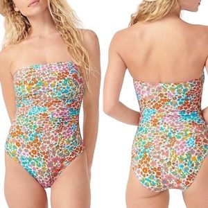 J. Crew Ruched Bandeau One-piece In Rainbow Blooms Floral Print Swimsuit Size 4